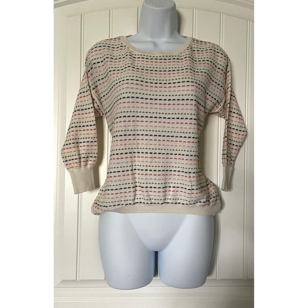Vintage Forever21 Womens S/P White Striped 3/4 Sleeve Shirt Top Blouse